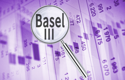 Magnifying lens over background with text Basel III, with the financial data visible in the background.