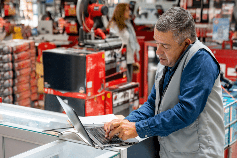 Business manager working at a hardware store and making a call while using a computer.