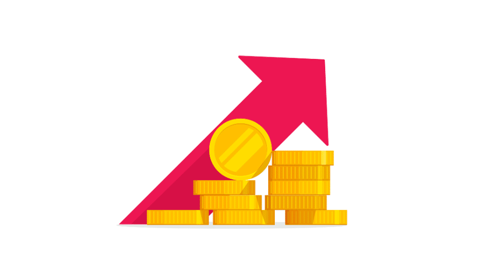 Money growth vector illustration, flat golden coins pile with revenue graph, concept of income increase or earnings, financial boost chart, success capital investment, cash budget isolated.