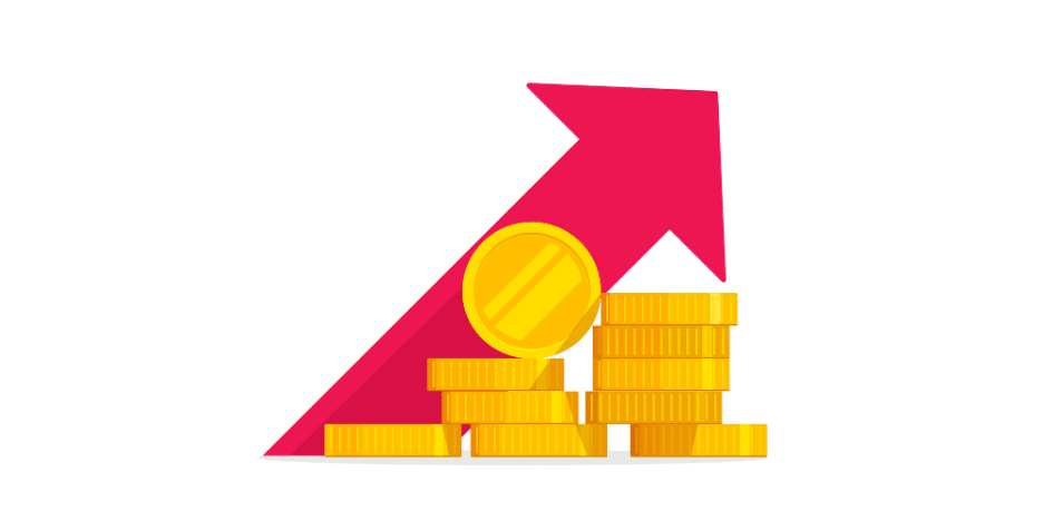 Money growth vector illustration, flat golden coins pile with revenue graph, concept of income increase or earnings, financial boost chart, success capital investment, cash budget isolated.