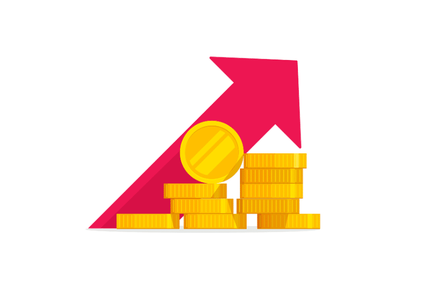 Money growth vector illustration, flat golden coins pile with revenue graph, concept of income increase or earnings, financial boost chart, success capital investment, cash budget isolated.