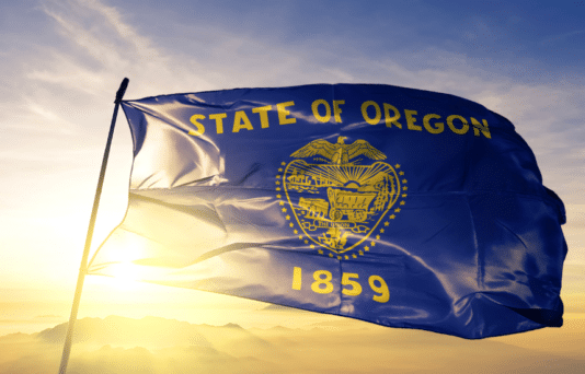 Oregon state of United States flag textile cloth fabric waving on the top sunrise mist fog.