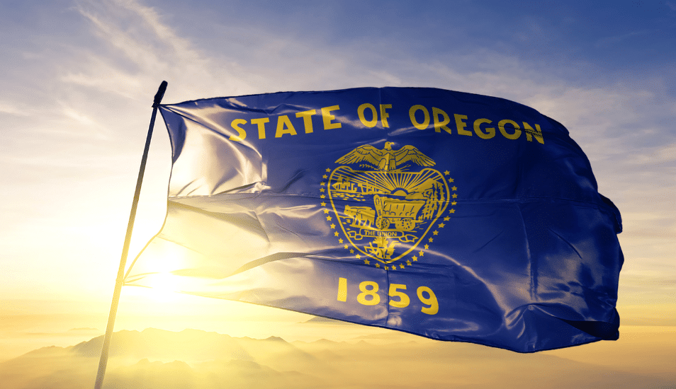 Oregon state of United States flag textile cloth fabric waving on the top sunrise mist fog.