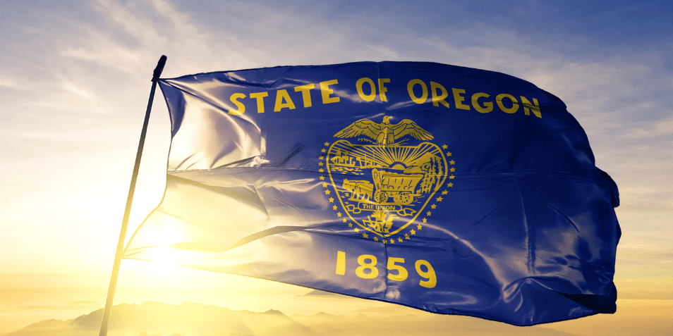 Oregon state of United States flag textile cloth fabric waving on the top sunrise mist fog.