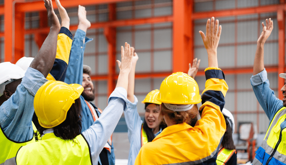 Group of workers raising hands at manufacturing industrial factory.