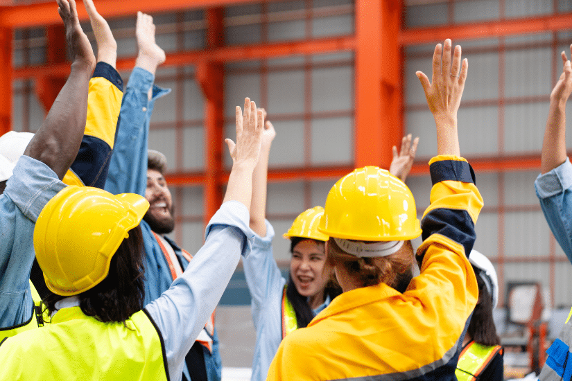 Group of workers raising hands at manufacturing industrial factory.