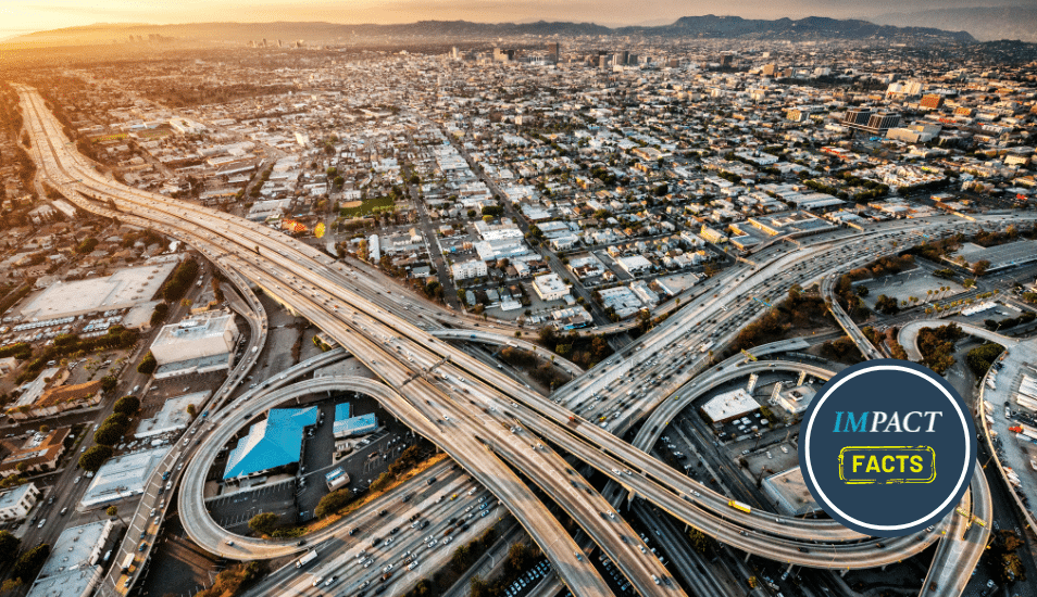 Helicopter point of view of Los Angeles highway interchanges at golden hour.