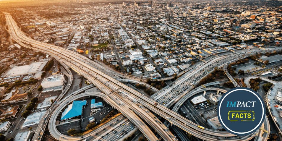 Helicopter point of view of Los Angeles highway interchanges at golden hour.