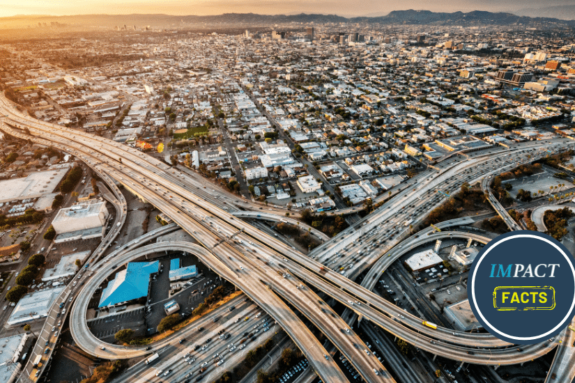 Helicopter point of view of Los Angeles highway interchanges at golden hour.