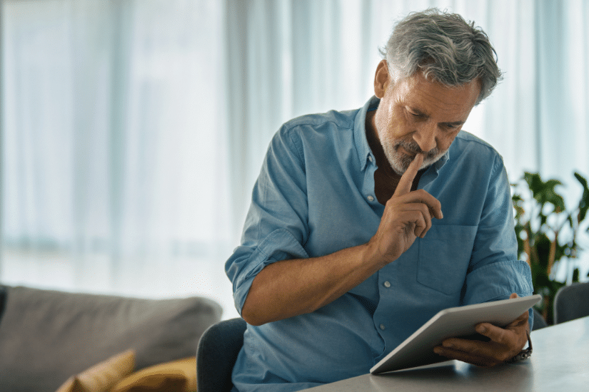 Middle-aged man in living room looking at his iPad.