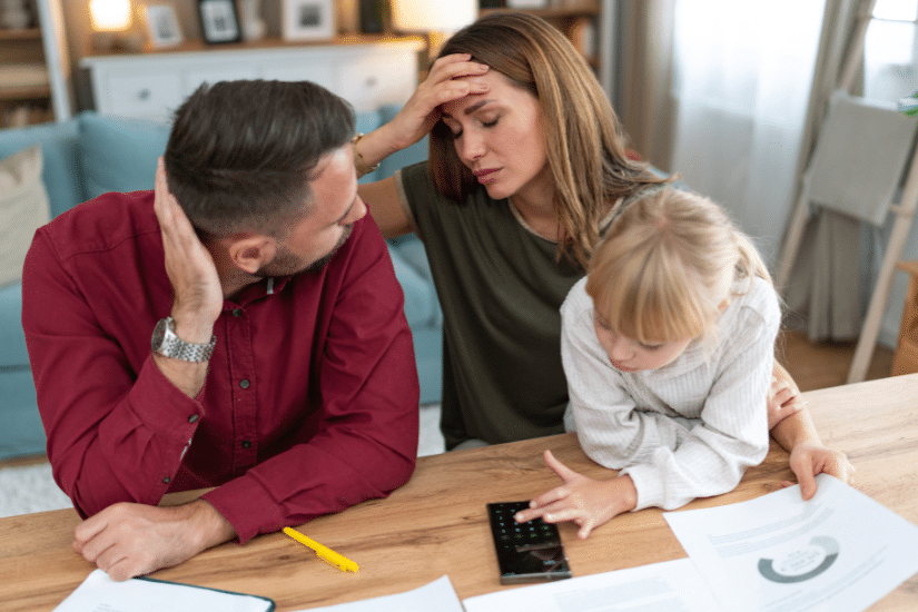 Young family with a daughter feeling stressed managing budget and paying bills and taxes