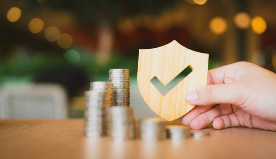 Shield protect icon with coins stack, Security protection and life insurance.