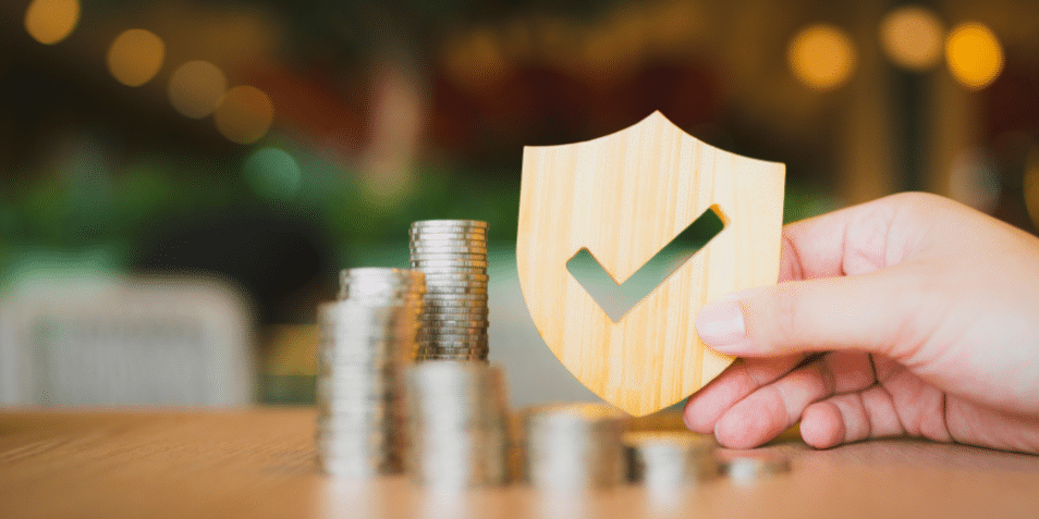 Shield protect icon with coins stack, Security protection and life insurance.