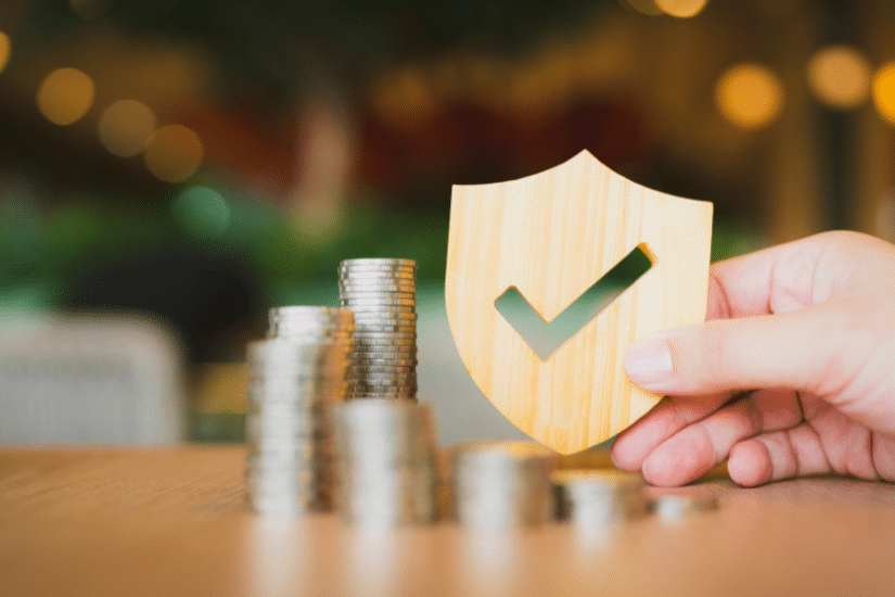 Shield protect icon with coins stack, Security protection and life insurance.