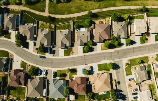 Aerial view of a neighborhood.