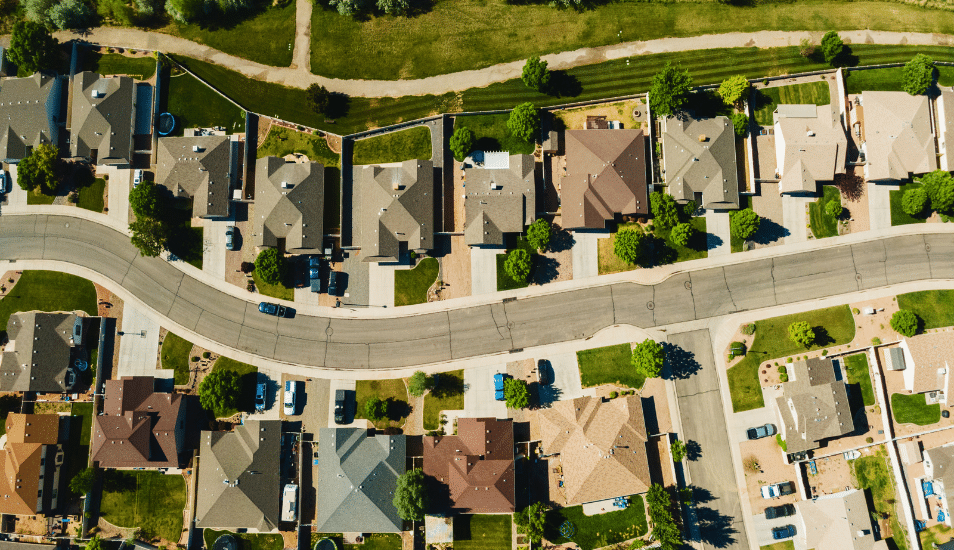 Aerial view of a neighborhood.