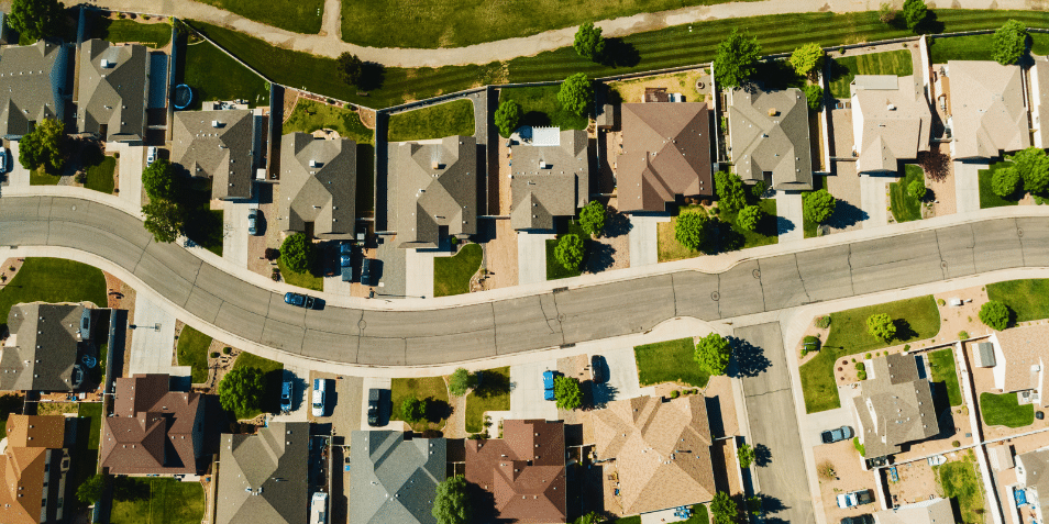 Aerial view of a neighborhood.