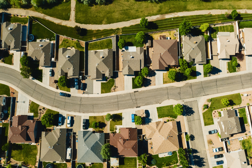 Aerial view of a neighborhood.