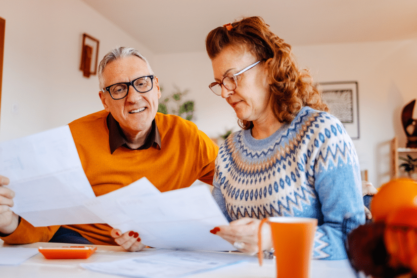Mature adults spending time enjoying at home working on home finances together.