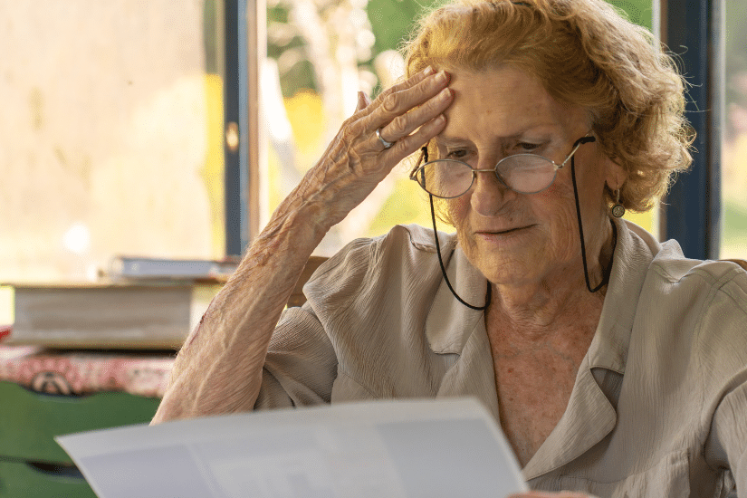 An older woman looking at a piece of paper. She appears stressed.